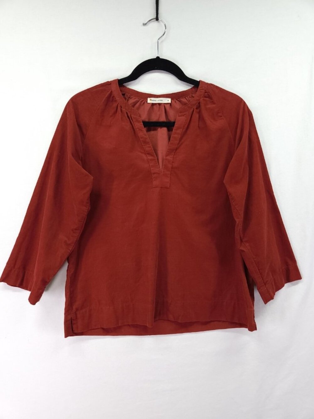 Marine Layer Medium Terracotta Fine Corduroy Split V-Neck Pullover Top Fall